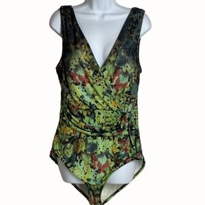 Badgley Mischka Floral One Piece Swimsuit V Neck Stretchy Green Open Back
